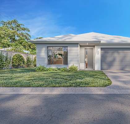A house with a grey roof and a grey garage door.