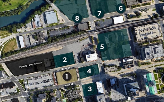 a birds eye view of a city with numbers on it at The Pearl, Fort Wayne, Indiana