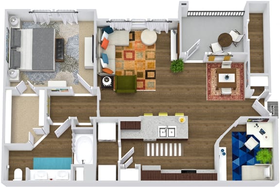 3D Lantana. 1 bedroom apartment + study room. Kitchen with bartop open to living/dinning rooms. 1 full bathroom, double vanity. Walk-in closet. Patio/balcony.