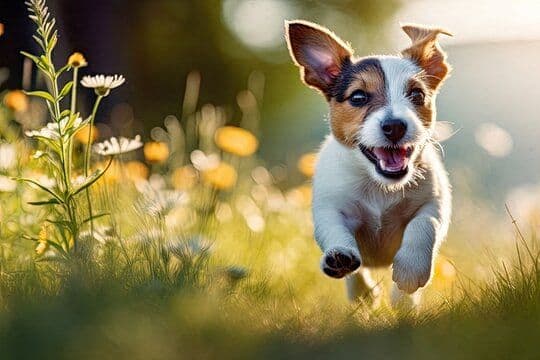 a small dog running through a field of flowers