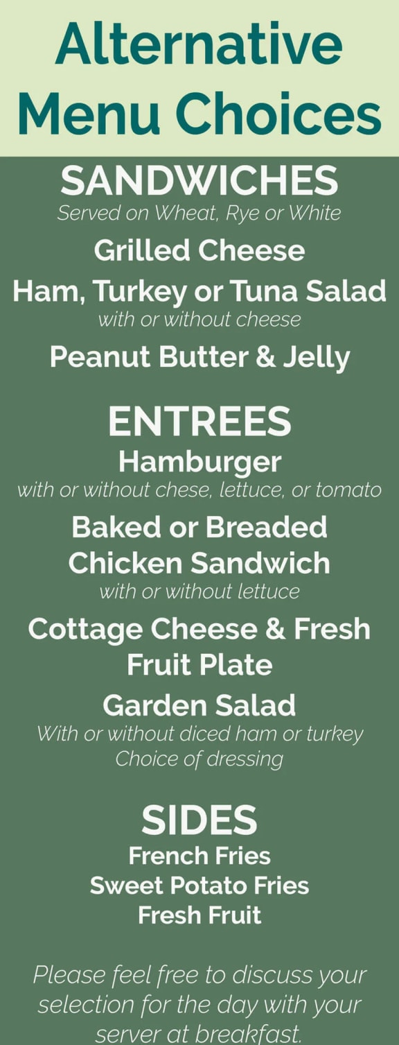 alternative menu choices at Savannah Court of Camilla, Camilla, Georgia