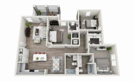 The Marley, 3 bedroom 2 bathroom floor plan 1371 sq ft at Proximity Apartments, South Carolina