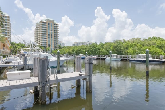 a marina with boats and buildings in the background