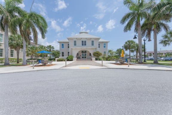 a house with a driveway and palm trees in front of it