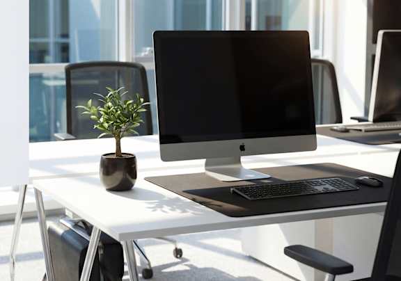 A black monitor sits on a desk with a plant in a black vase.