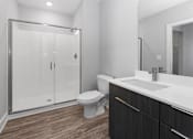 Thumbnail 5 of 9 - A modern bathroom with a walk-in shower, toilet, and sink.