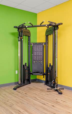A gym room with a bench, weights, and mirrors.