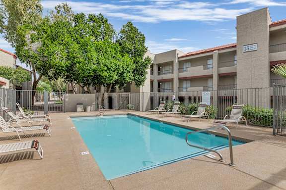 our apartments have a swimming pool with chairs and trees