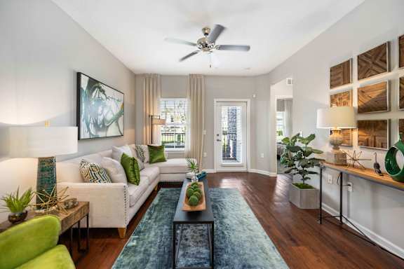 a living room with a couch and a coffee table