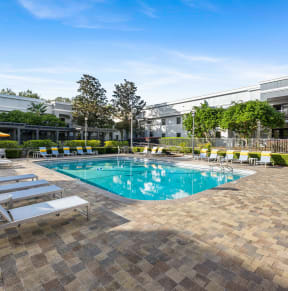a swimming pool with palm trees in front of a building