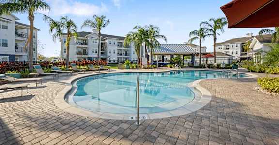 a resort style swimming pool with chaise lounge chairs and palm trees in the background