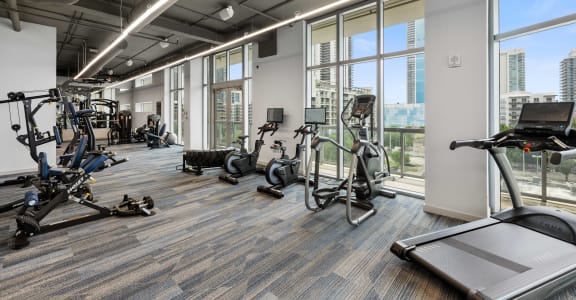 an image of a gym with cardio equipment and a view of the city