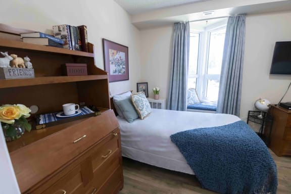 a bedroom with a bed and a dresser