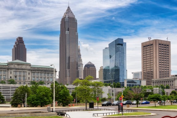 a view of the city with tall skyscrapers