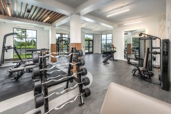 a gym with weights and other equipment in a building with windows at The Haven at Lake Britt Apartments, Winter Garden, FL 34787