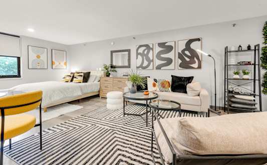 A modern living room with a black and white striped rug.
