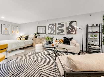 A modern living room with a black and white striped rug.