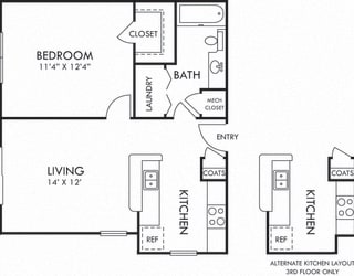 Sunsprite. 1 bedroom apartment. Kitchen with bartop open to living room. 1 full bathroom. Walk-in closet. Patio/balcony.