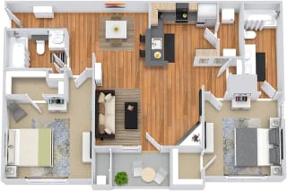 3D Madison 1 bedroom apartment. kitchen with bartop open to dining and living room. wood burning fireplace. 1 full bath. walk-in closet. in-unit laundry. Patio/balcony.