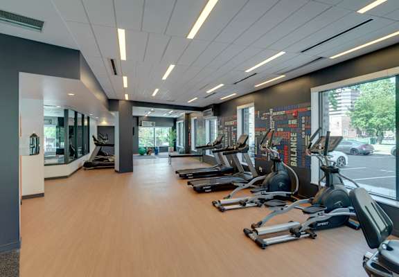 A gym with treadmills and elliptical machines.