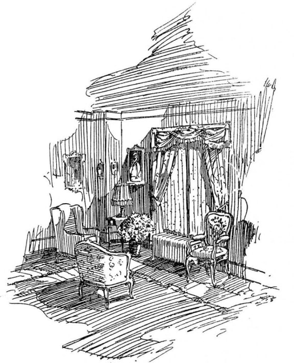 a drawing of a bedroom with two chairs and a bed
