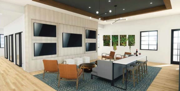 a rendering of a dining room with a table and chairs