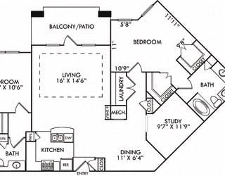 The Seoul. 2 bedroom apartment. Kitchen with bartop open to living/dining rooms. Study room. 2 full bathrooms, double vanity in master. Walk-in closets. Patio/balcony.