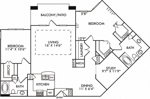 The Seoul. 2 bedroom apartment. Kitchen with bartop open to living/dining rooms. Study room. 2 full bathrooms, double vanity in master. Walk-in closets. Patio/balcony.