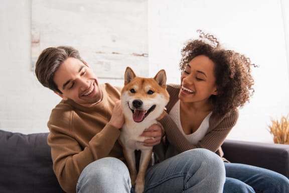 a couple sitting on a couch with their dog
