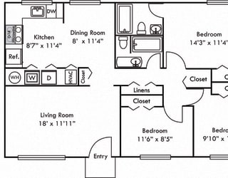 The Cedar. 3 bedroom apartment. Kitchen open to living/dinning room. 2 full bathroom. large closets.