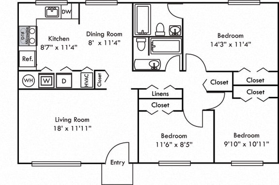 The Cedar. 3 bedroom apartment. Kitchen open to living/dinning room. 2 full bathroom. large closets.