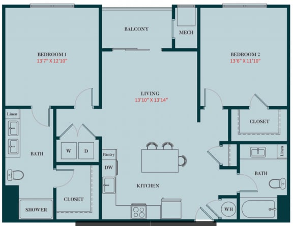 B2 - 2 Bedrooms 2 Baths Apartment Floor Plan Design - 1161 sq. ft. - Apartments in Des Plaines