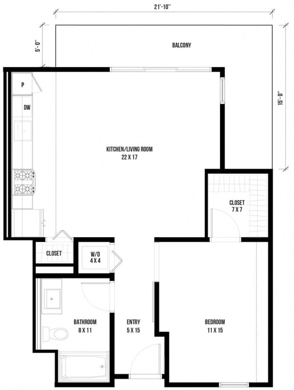 1B1 &#x2013; 1 Bedroom 1 Bath Floor Plan Layout &#x2013; 742 Square Feet