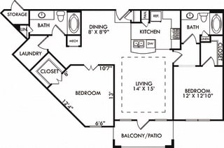 The Rome. 2 bedroom apartment. Kitchen with bartop open to living/dining rooms. 2 full bathrooms. Walk-in closets. Patio/balcony.