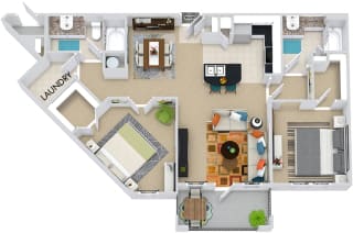 The Rome 3D. 2 bedroom apartment. Kitchen with bartop open to living/dining rooms. 2 full bathrooms. Walk-in closets. Patio/balcony.