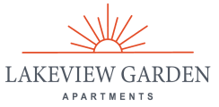the logo for lakeview garden apartments incorporates a sun and the words lakeview gardens
