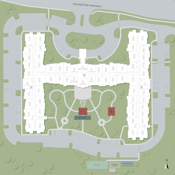 A map of a residential area with Covington Highway on the top.