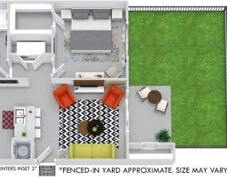 Hawkins with Fenced-in Yard 3D 1 bedroom apartment. Kitchen with bartop open to living room. 1 full bathroom. Walk-in closet. Patio/balcony with storage, & yard.