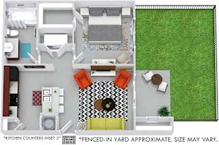 Hawkins with Fenced-in Yard 3D 1 bedroom apartment. Kitchen with bartop open to living room. 1 full bathroom. Walk-in closet. Patio/balcony with storage, & yard.