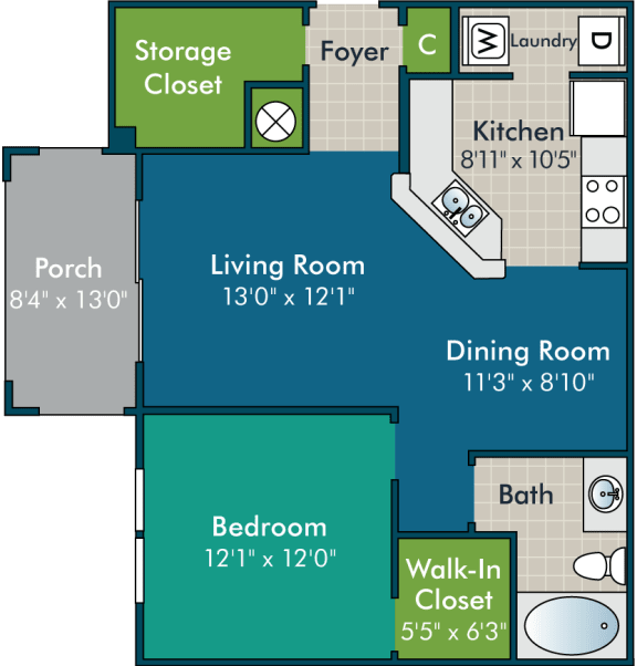 AveryPH1-1BR1BA Floor Plan at Abberly Green Apartment Homes by HHHunt, North Carolina, 28117