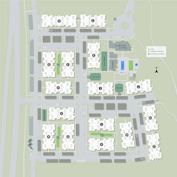 A map shows a parking lot, a gym, a clubhouse, and covered parking.