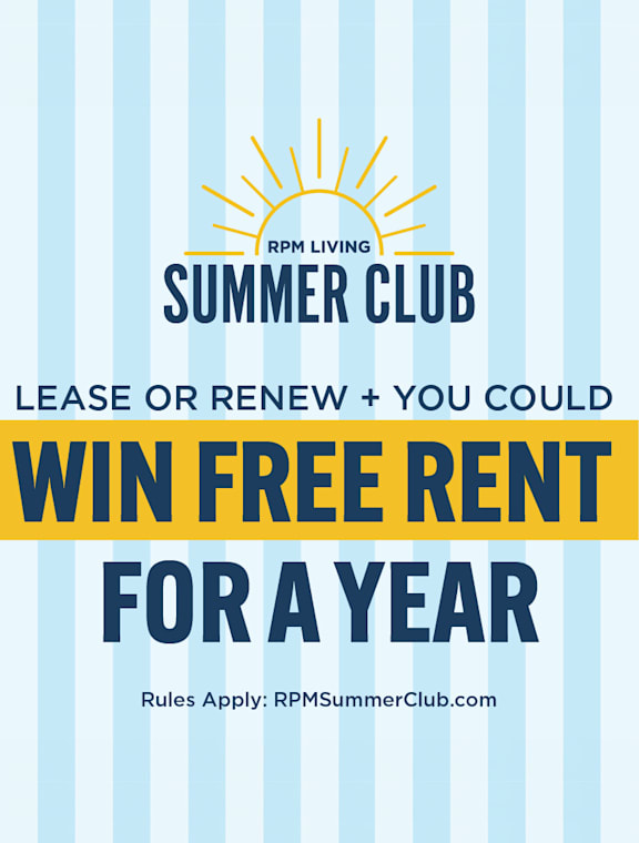A poster advertises a chance to win free rent for a year through the RPM Summer Club.