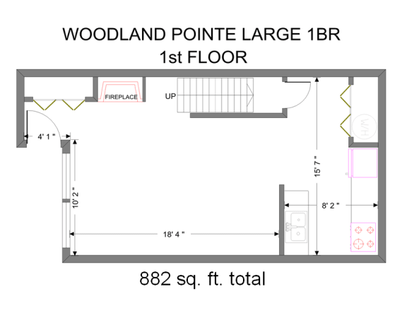 Large 1 bedroom 1st Floor 882 Sq. Ft Floor Plan at Woodland Pointe Apartments and Townhomes, Integrity Realty, Kent, OH, 44240