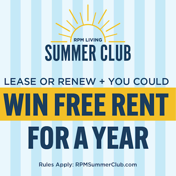 A poster advertises a chance to win free rent for a year by participating in the RPM Summer Club.