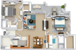 Corolla 3D. 2 bedroom apartment. Kitchen with bartop open to living/dinning rooms. 2 full bathrooms, shower stall in master. Walk-in closets. Patio/balcony with storage. Optional fireplace.
