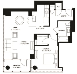 1 Bad 1 Bath Floor Plan with 879 Sq. Ft. at The Elle Apartments, Illinois, 60605