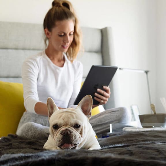 a woman sitting on a bed with her dog and reading a tablet at Altaire, Virginia