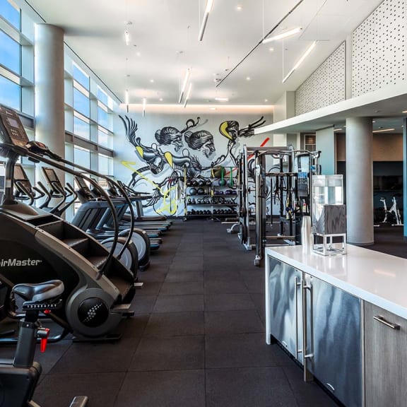 a gym with cardio equipment and a mural on the wall at Altaire, Arlington, VA, 22202