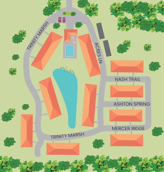 A map shows a layout of a park with paths and areas named Trinity Marsh, Agres In, Nash Trail, Ashton Spring, and Mercer Ridge.