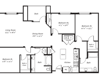 3 Bedroom 2 Bath Floor Plan at Apex Mission Valley, San Diego